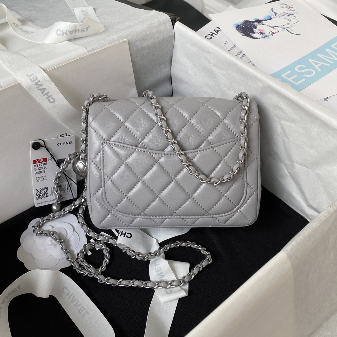 Ch*el mini flap bag shiny calfskin & silver-tone metal light gray 5.3 × 6.6 × 3.1 in