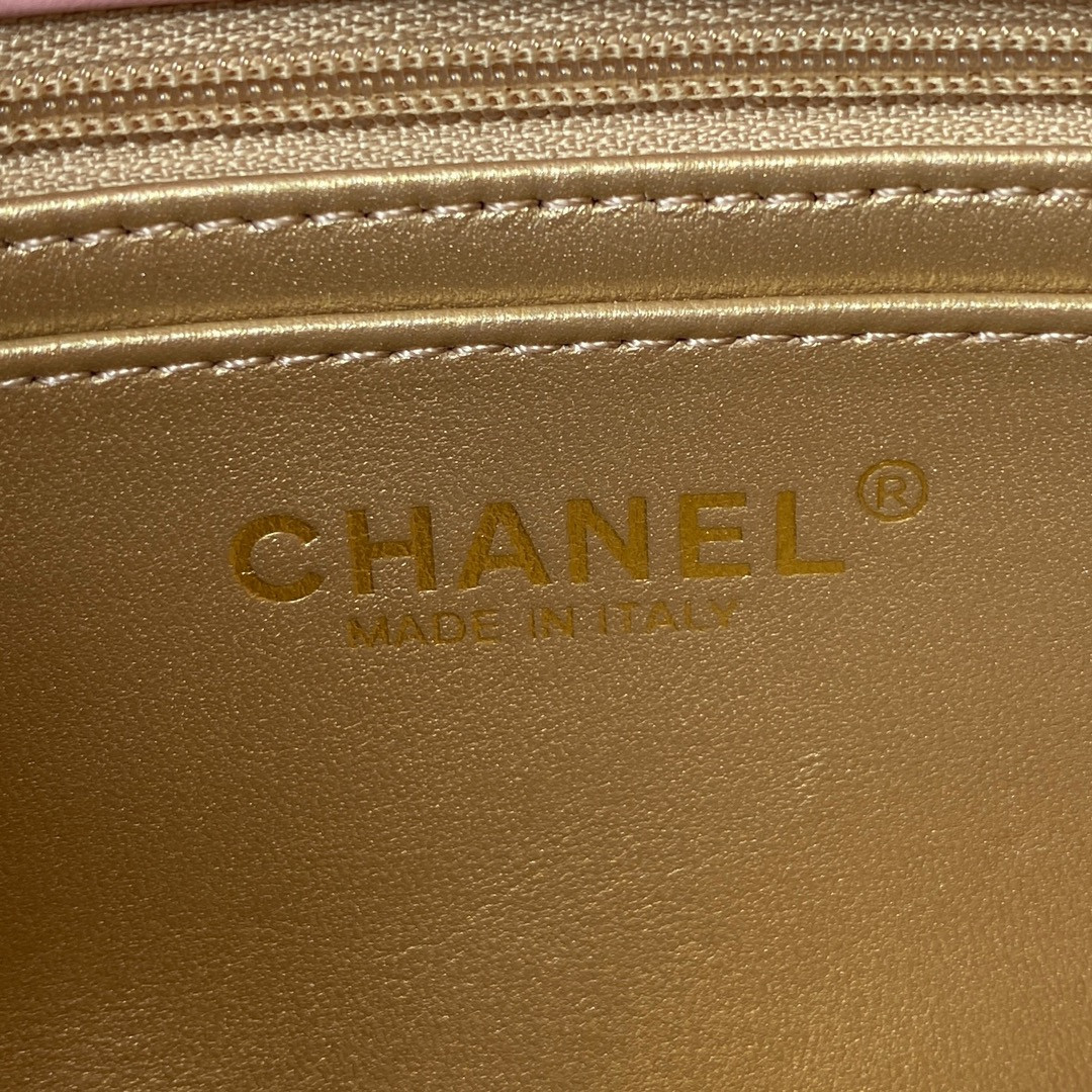 Ch*el mini flap bag shiny calfskin & gold-tone metal pink 4.7 × 7.8 × 2.3 in
