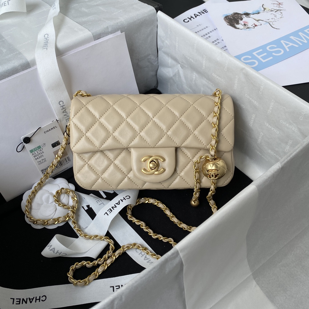 Ch*el mini flap bag shiny calfskin & gold-tone metal light beige 4.7 × 7.8 × 2.3 in