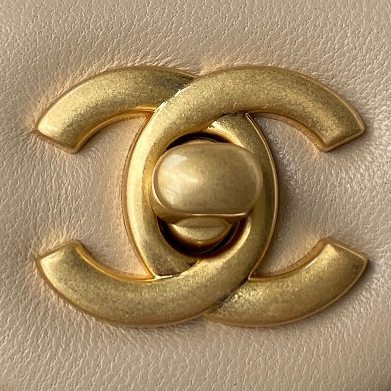 Ch*el mini flap bag shiny calfskin & gold-tone metal beige 5.3 × 6.6 × 3.1 in