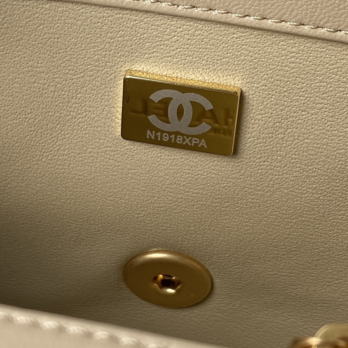Ch*el mini flap bag shiny calfskin & gold-tone metal beige 5.3 × 6.6 × 3.1 in
