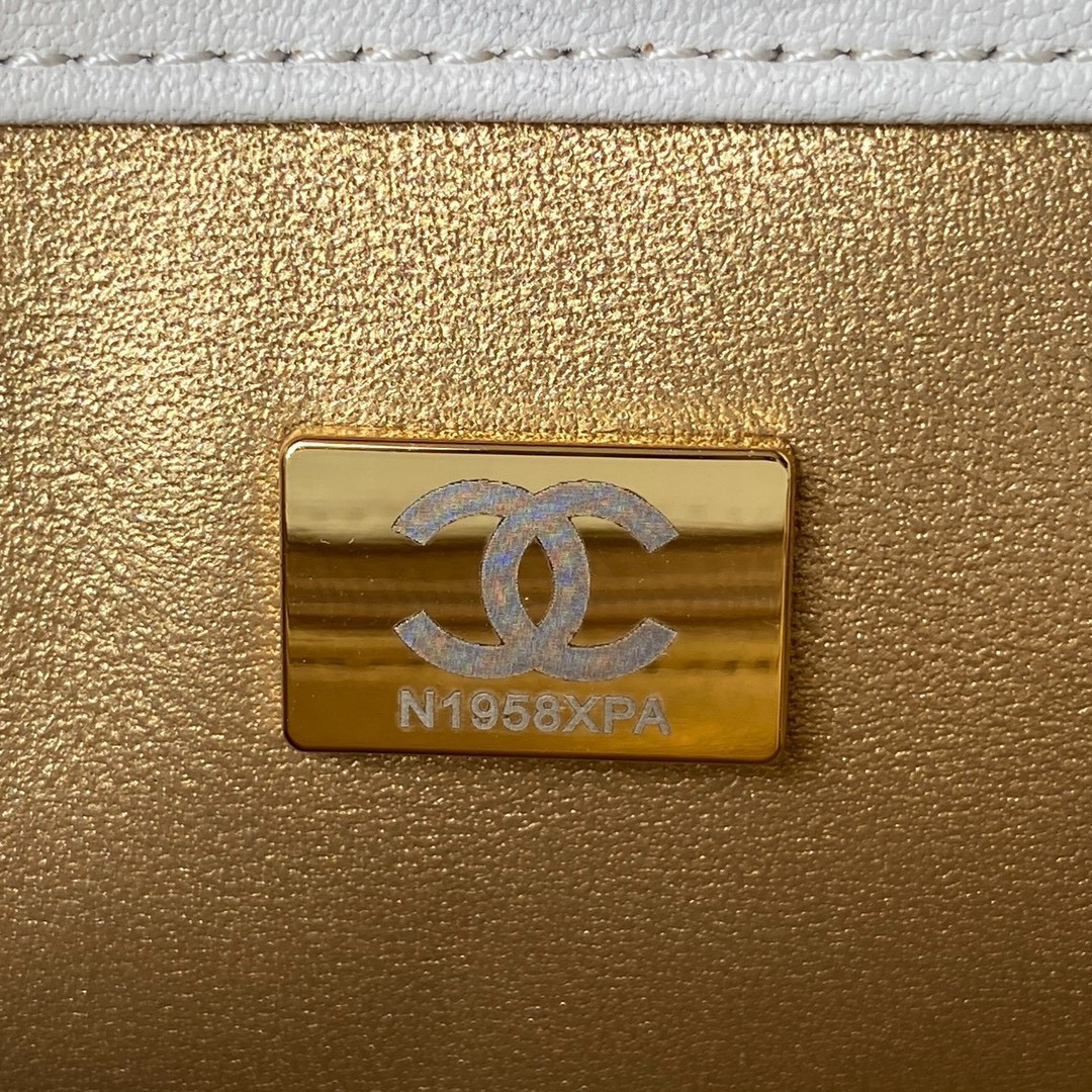 Ch*el mini flap bag shiny calfskin & gold-tone metal white 5.3 × 6.6 × 3.1 in