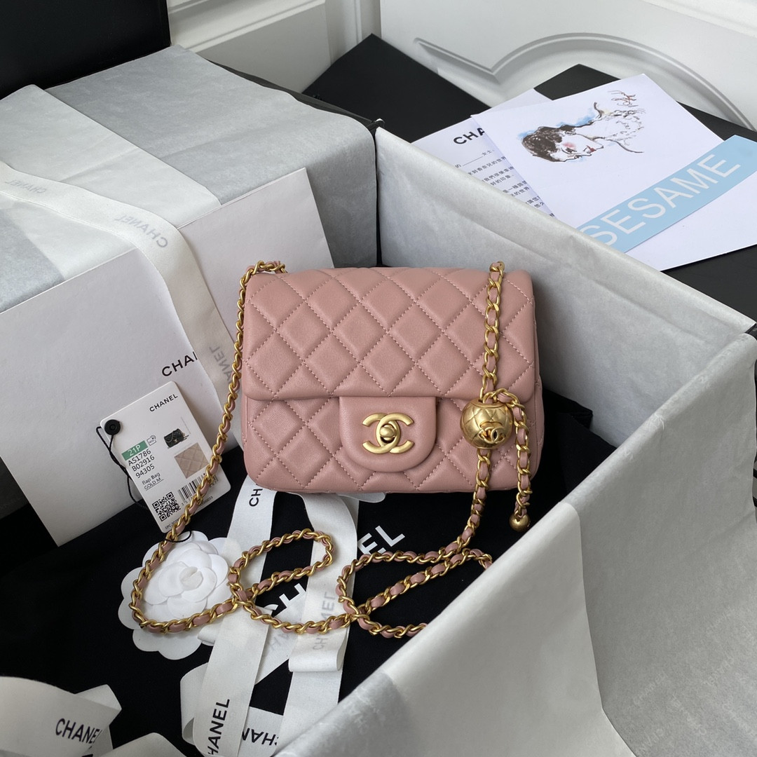 Ch*el mini flap bag shiny calfskin & gold-tone metal pink 5.3 × 6.6 × 3.1 in