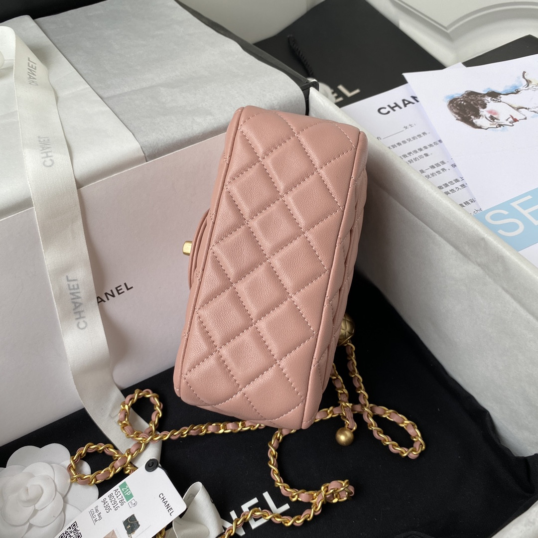 Ch*el mini flap bag shiny calfskin & gold-tone metal pink 5.3 × 6.6 × 3.1 in