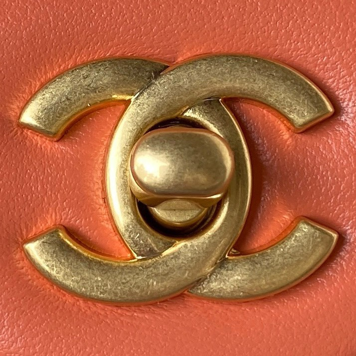 Ch*el mini flap bag shiny calfskin & gold-tone metal orange 5.3 × 6.6 × 3.1 in
