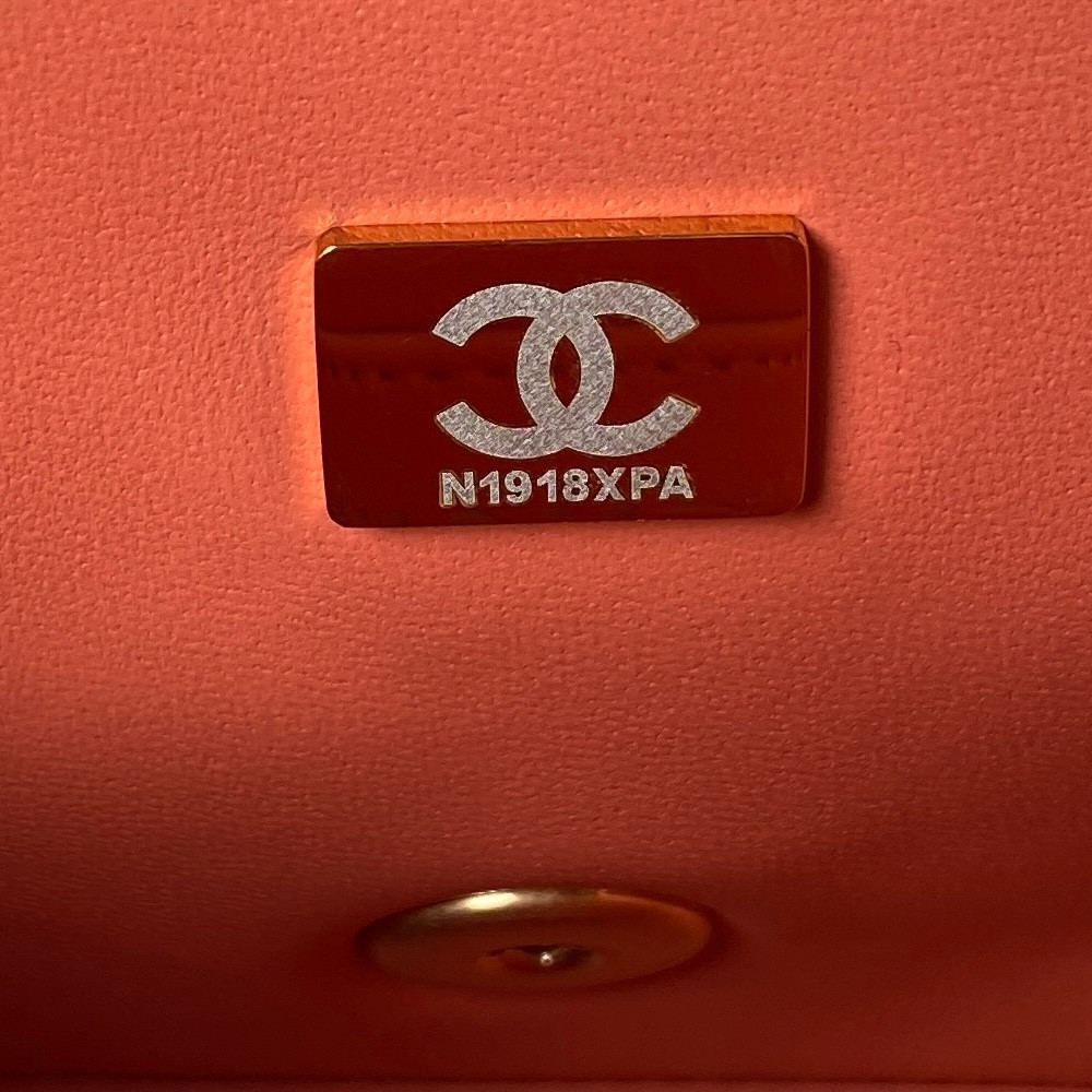 Ch*el mini flap bag shiny calfskin & gold-tone metal orange 5.3 × 6.6 × 3.1 in