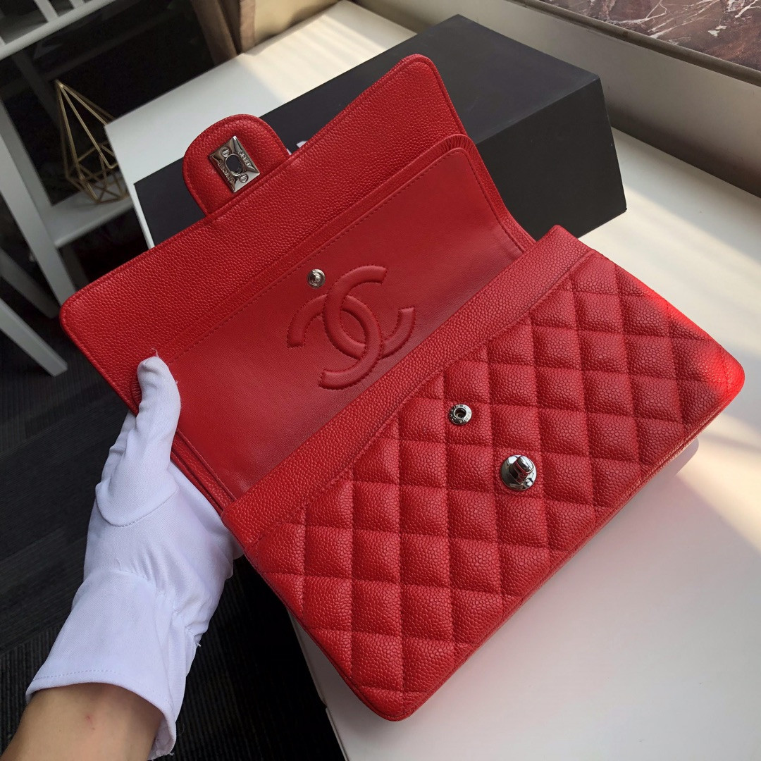 Ch*el classic handbag grained calfskin & silver-tone metal shiny red 6 × 9.9 × 2.5 in