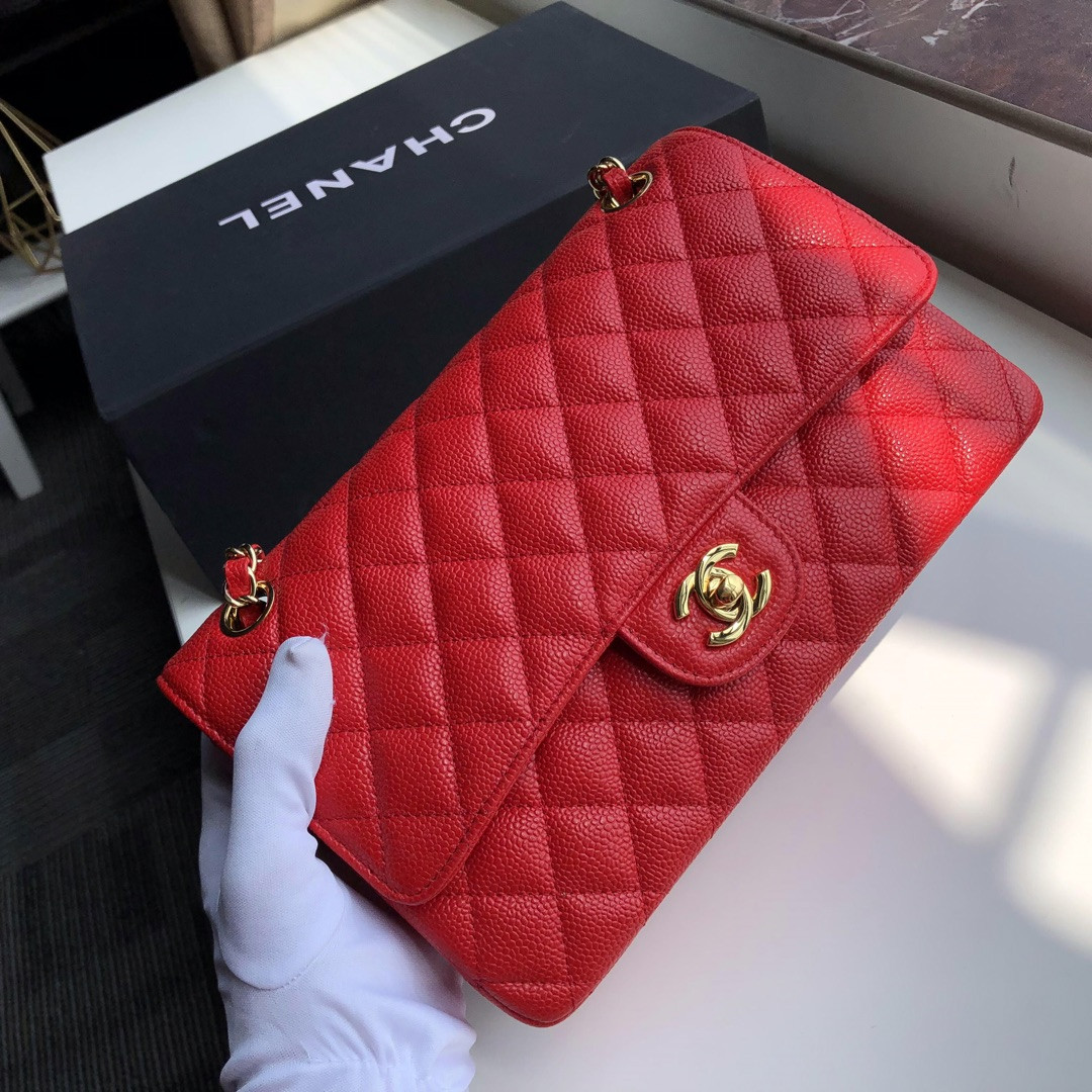 Ch*el classic handbag grained calfskin & gold-tone metal shiny red 6 × 9.9 × 2.5 in