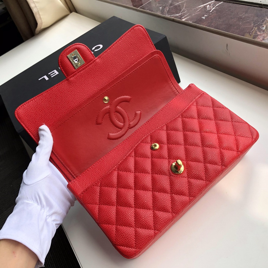 Ch*el classic handbag grained calfskin & gold-tone metal shiny red 6 × 9.9 × 2.5 in
