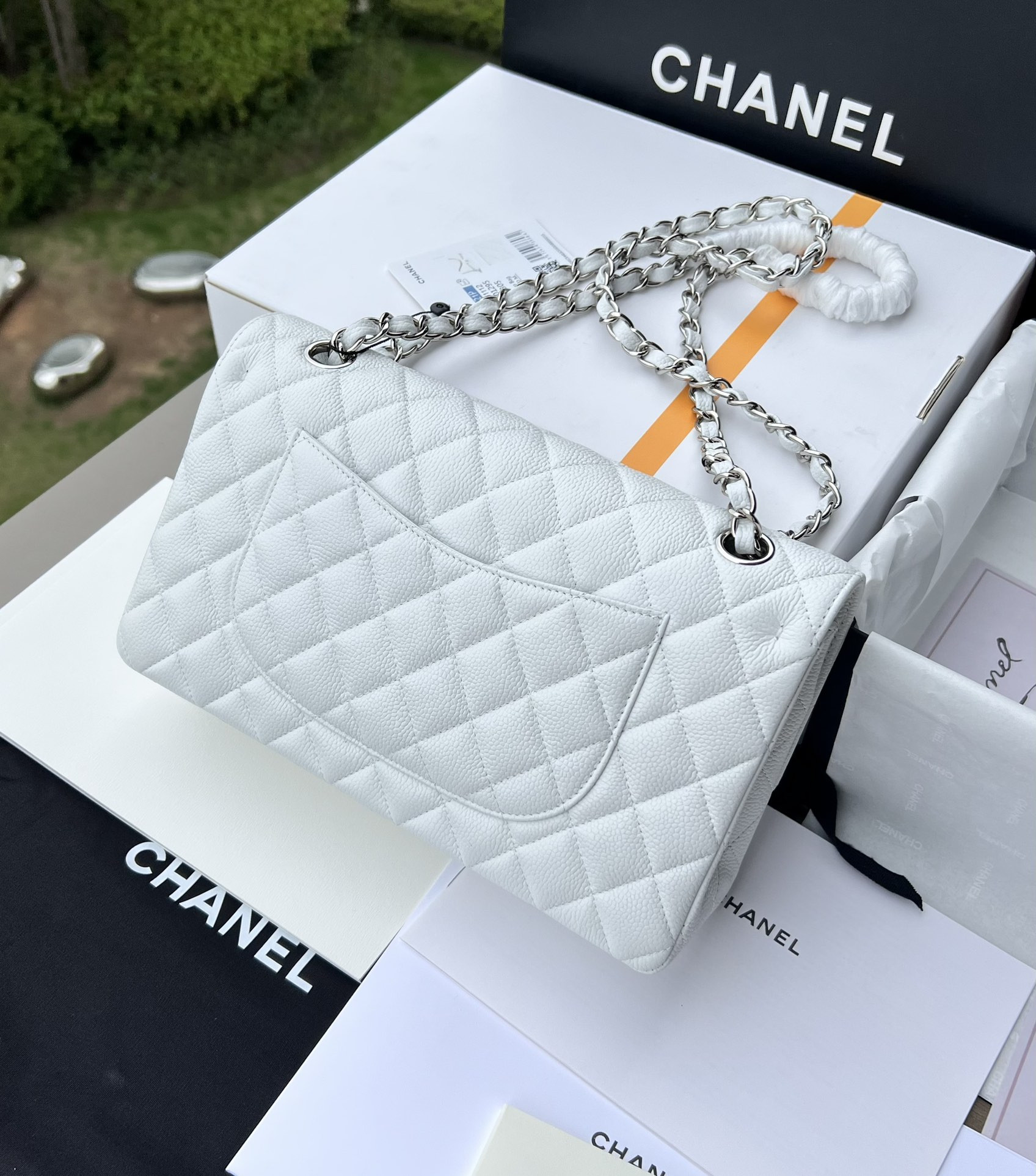 Ch*el classic handbag grained calfskin & silver-tone metal white 6 × 9.9 × 2.5 in