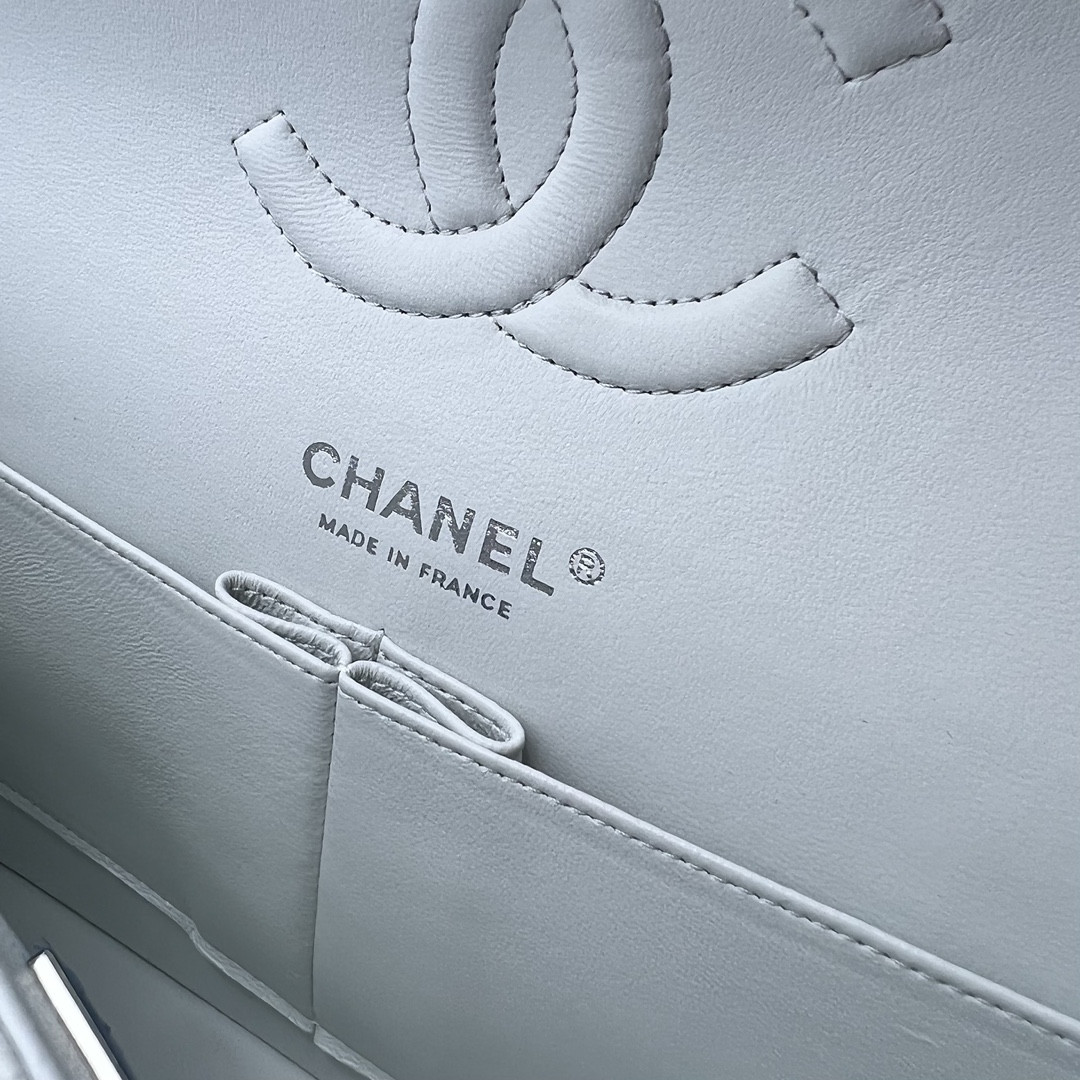 Ch*el classic handbag grained calfskin & silver-tone metal white 6 × 9.9 × 2.5 in