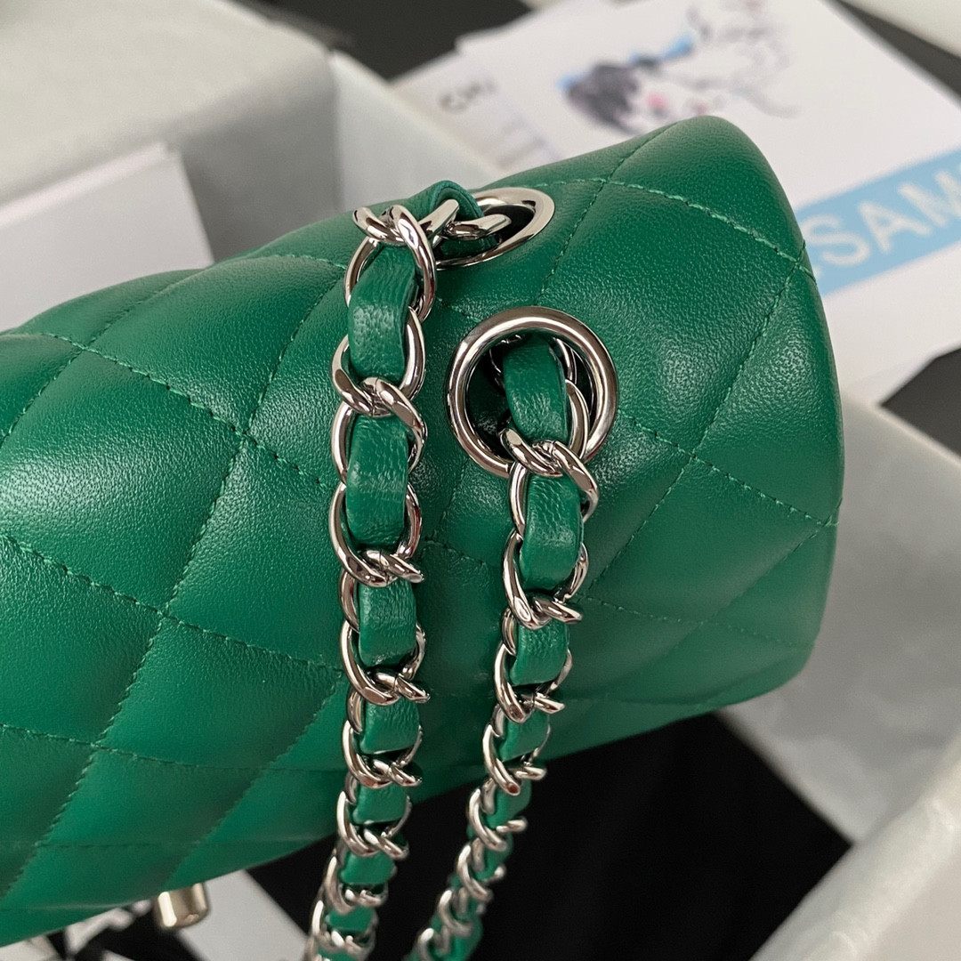 Ch*el small classic handbag grained shiny calfskin & silver-tone metal green 5.7 × 9 × 2.3 in