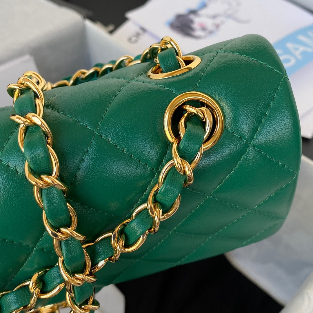 Ch*el small classic handbag grained shiny calfskin & gold-tone metal green 5.7 × 9 × 2.3 in