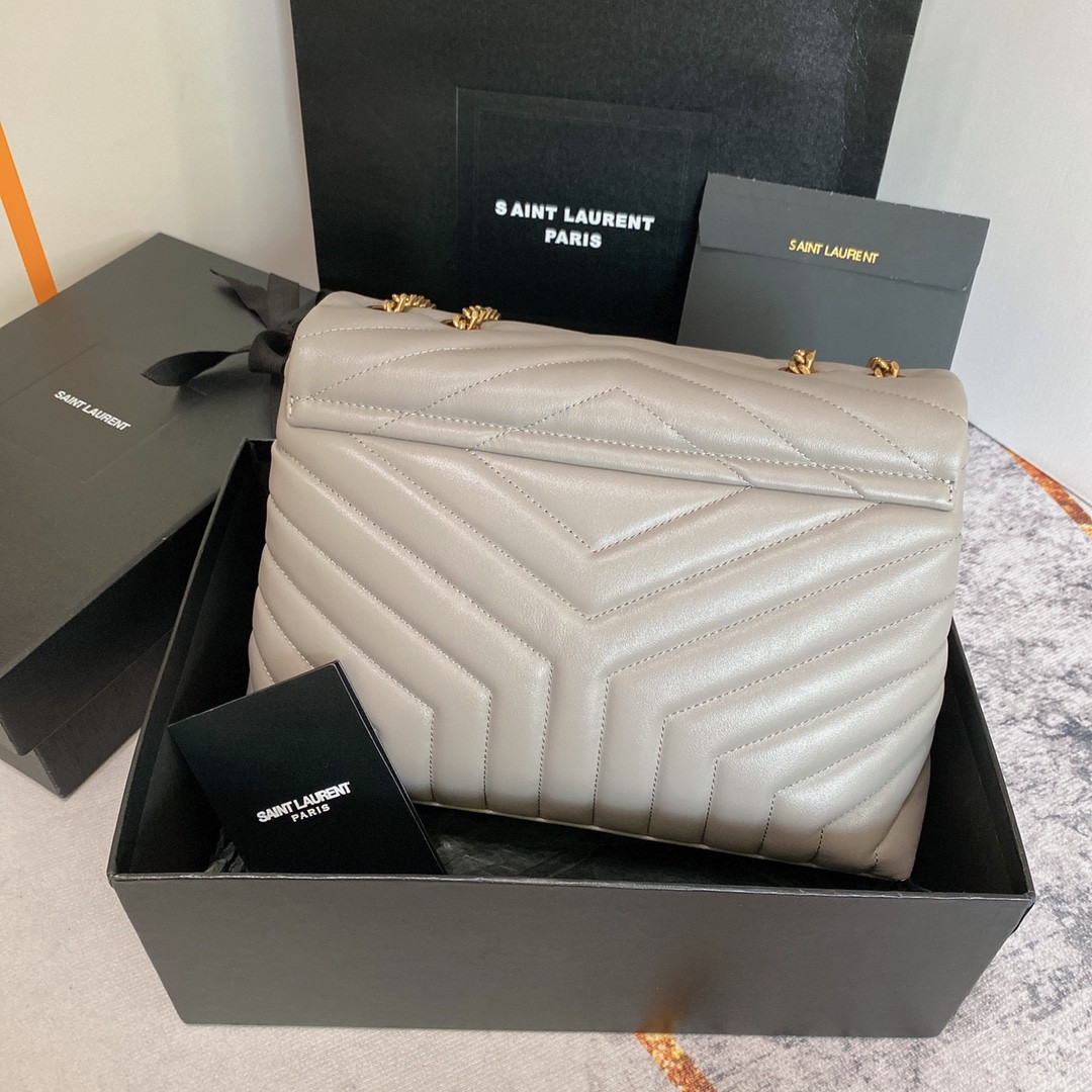 Y*L loulou medium in quilted leather greyish brown 12.5 x 8.6 x 3.5 inches