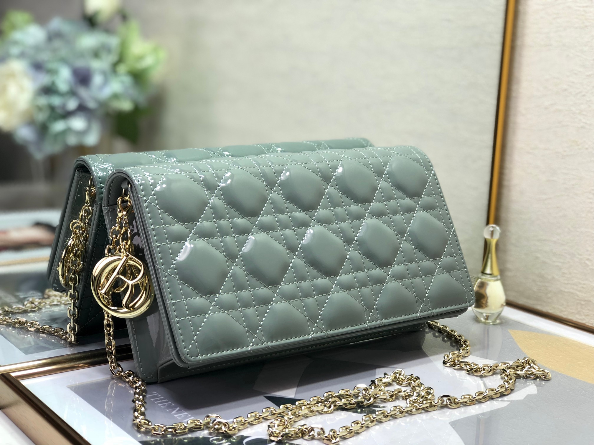 lady D*or pouch  cloud blue cannage 8.5 x 4.5 x 1 inches