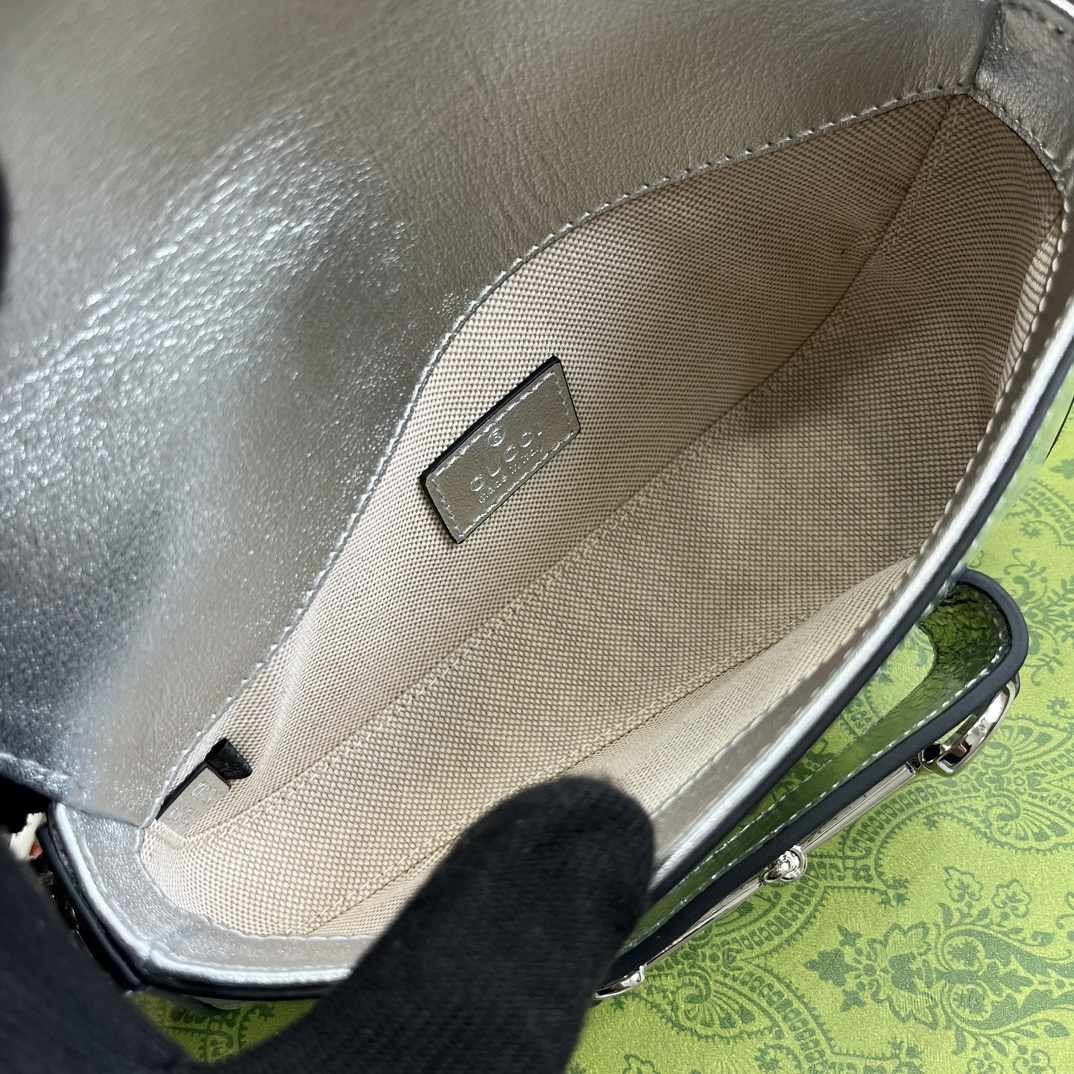 G*u*i horsebit 1955 mini shoulder bag silver 7.7"w x 5-3.1"h x 2.4-1.2"d