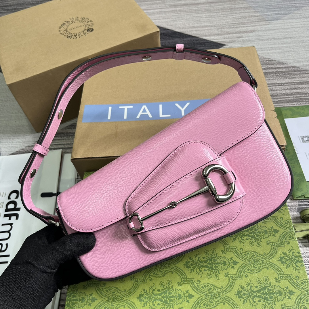 G*u*i horsebit 1955 small shoulder bag pink 10.4"w x 6.7-4.1"h x 3.1-1.6"d