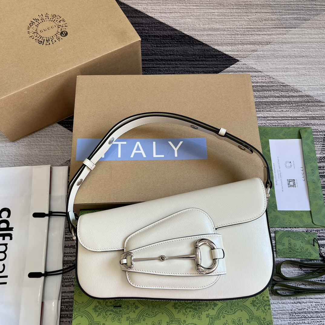 G*u*i horsebit 1955 small shoulder bag white 10.4"w x 6.7-4.1"h x 3.1-1.6"d