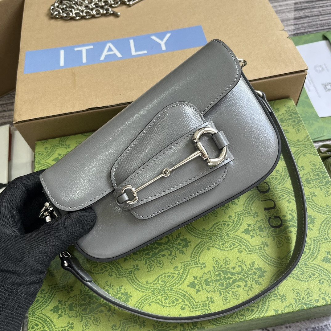 G*u*i horsebit 1955 mini shoulder bag gray 7.7"w x 5-3.1"h x 2.4-1.2"d