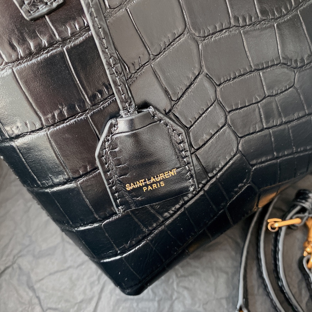 y*l Sa**t Lau*nt paris mini toy shopping in crocodile-embossed leather black 7.1 x 6.7 x 3.1 inches