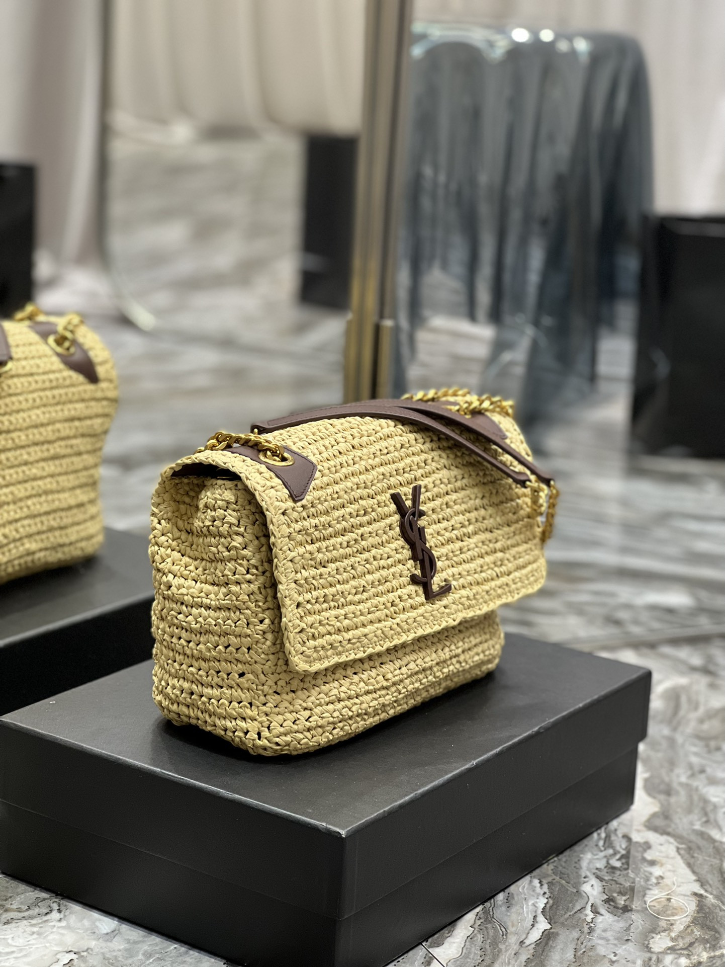 Y*L niki medium chain bag in raffia and leather beige 11 x 7.8 x 3.3 inches