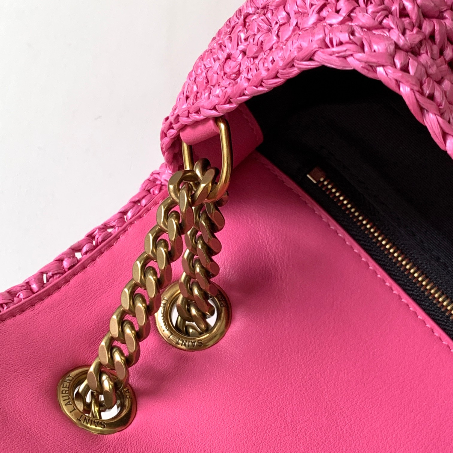 Y*L niki medium chain bag in raffia and leather 11 x 7.8 x 3.3 inches