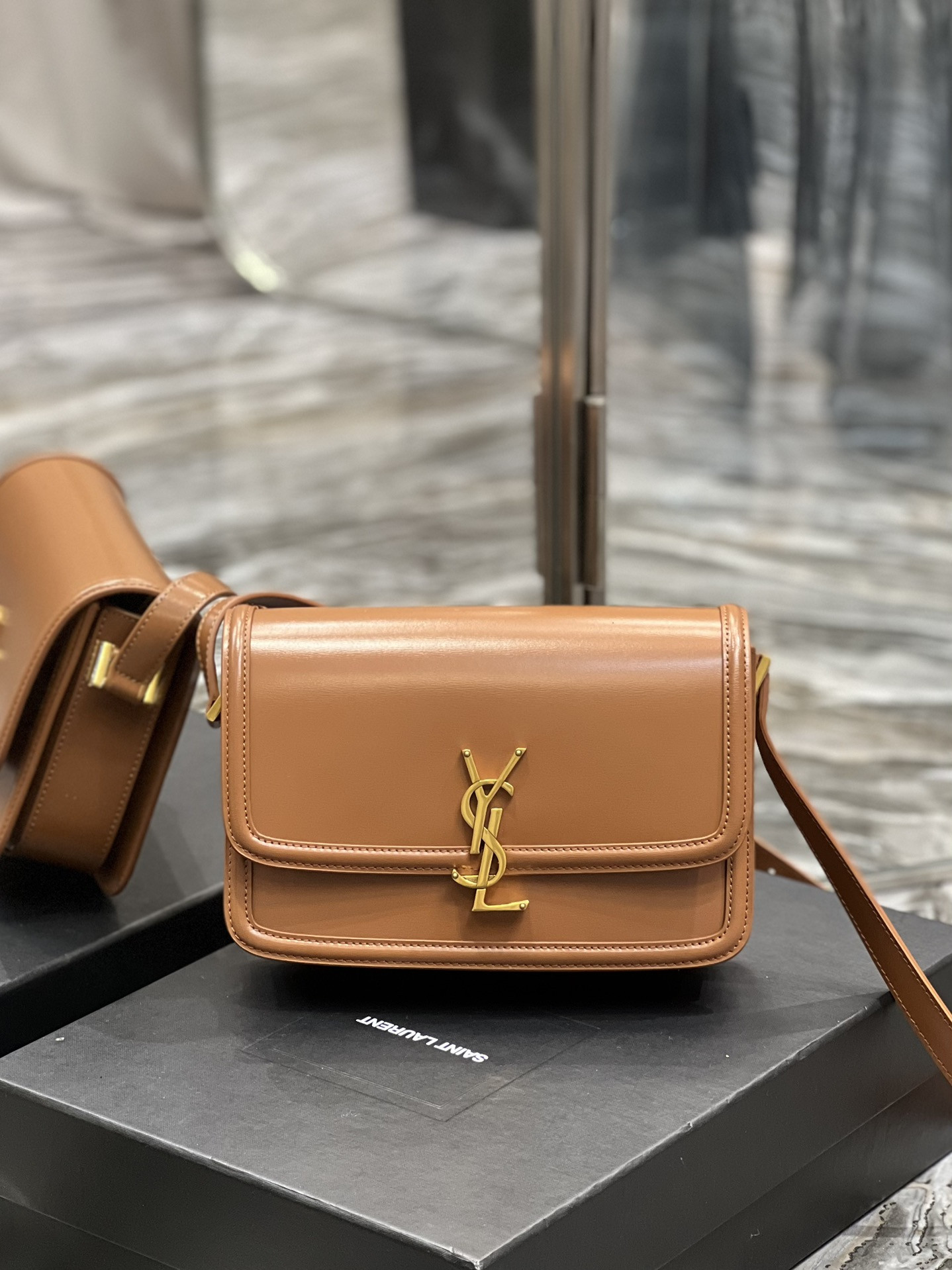 y*l solferino medium satchel in box Sa**t Lau*nt brown 9.1 x 6.3 x 2.4 inches