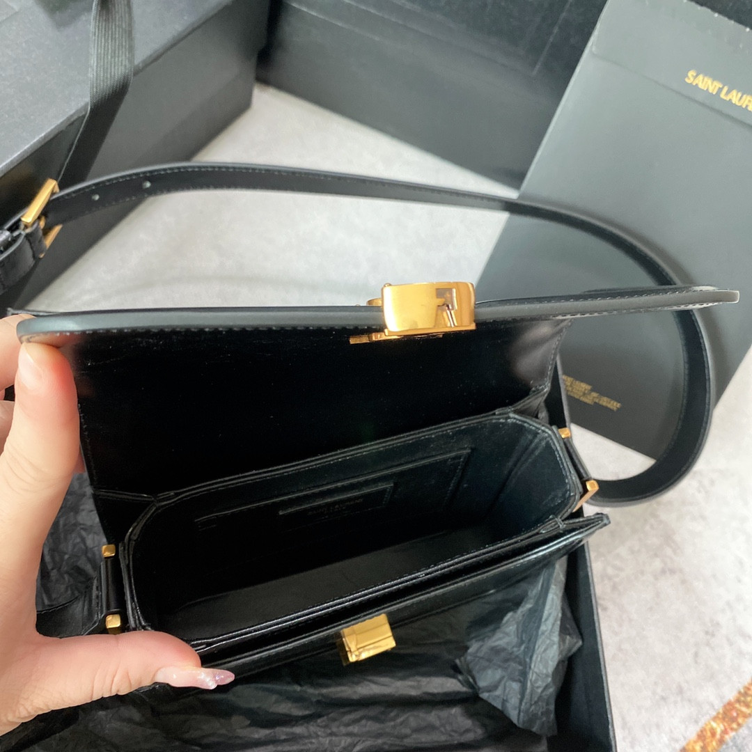 y*l solferino small satchel in box Sa**t Lau*nt black 7.4 x 5.1 x 1.9 inches