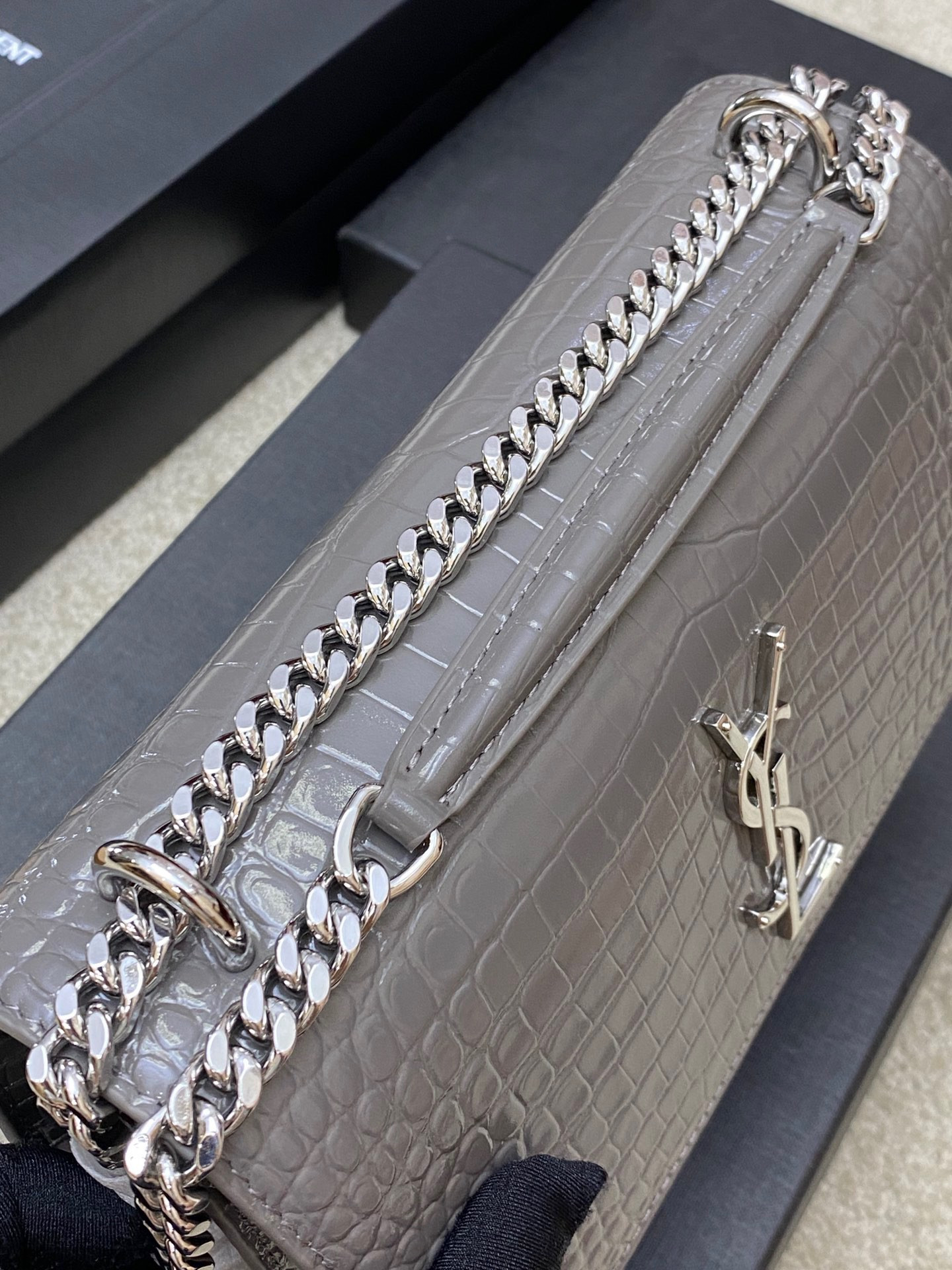 Y*L sunset medium in crocodile-embossed leather gray 8 x 6.2 x 2.5 inches