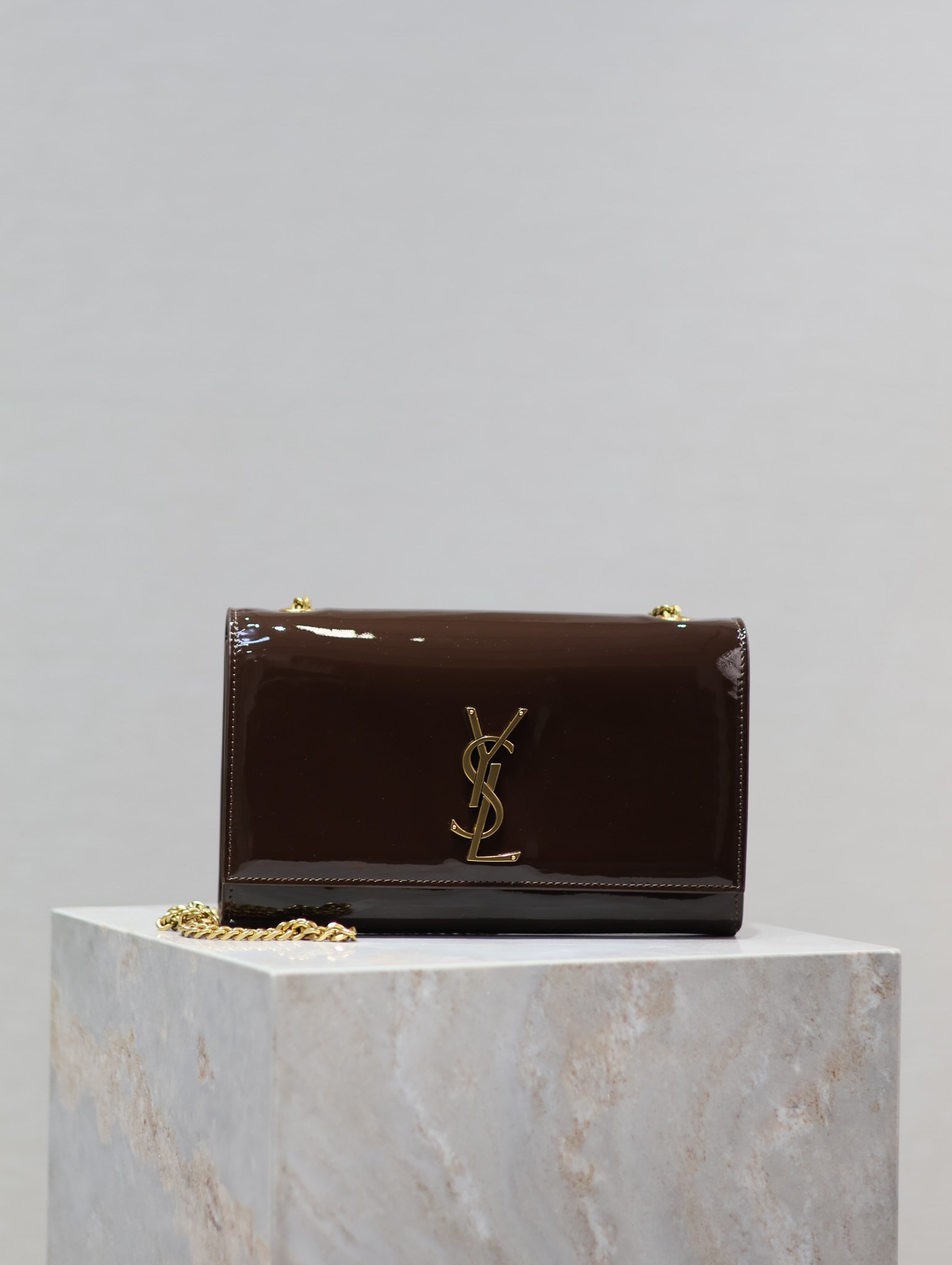 Y*L kate medium in shiny leather brown 9.4 x 5.7 x 2.1 inches