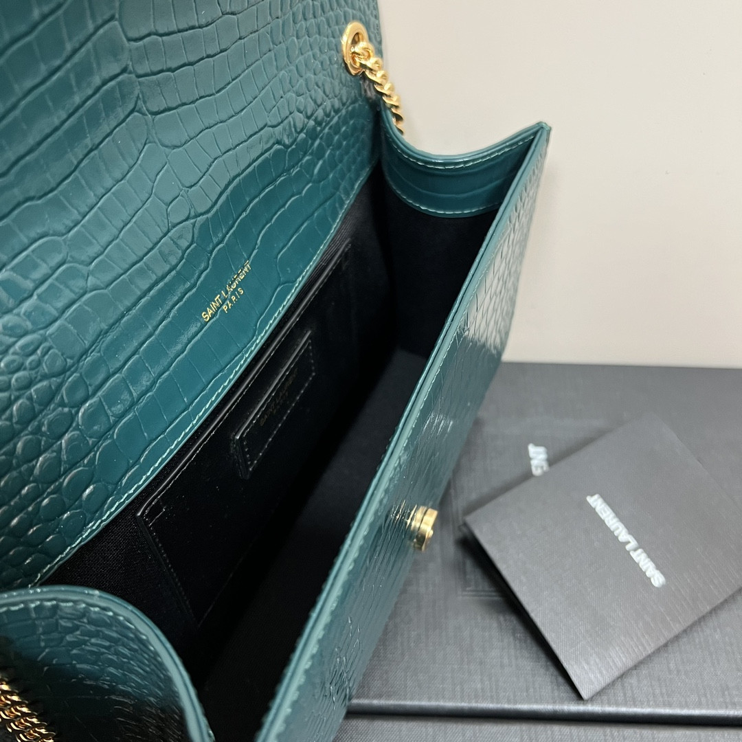 Y*L kate medium tassel in crocodile-embossed leather blue 9.4 x 5.7 x 2.1 inches