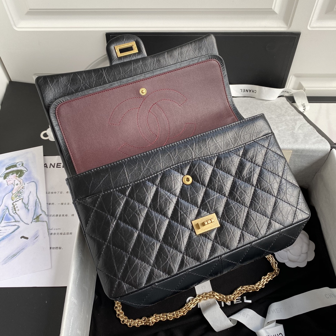 Ch*el large 2.55 handbag black& gold-tone metal 7.6 × 10.9 × 2.9 in