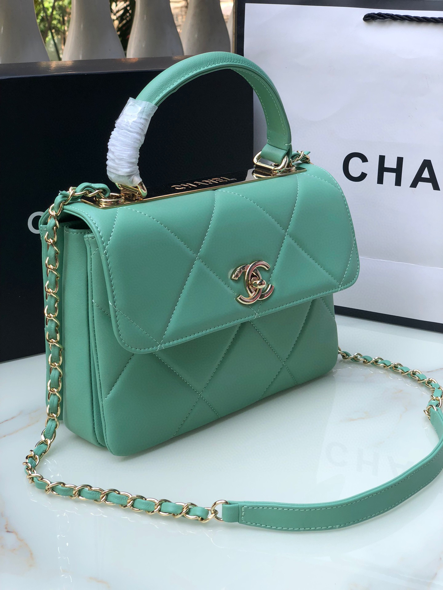 Ch*el flap bag with top handle blue 6.6 × 9.8 × 4.7 in