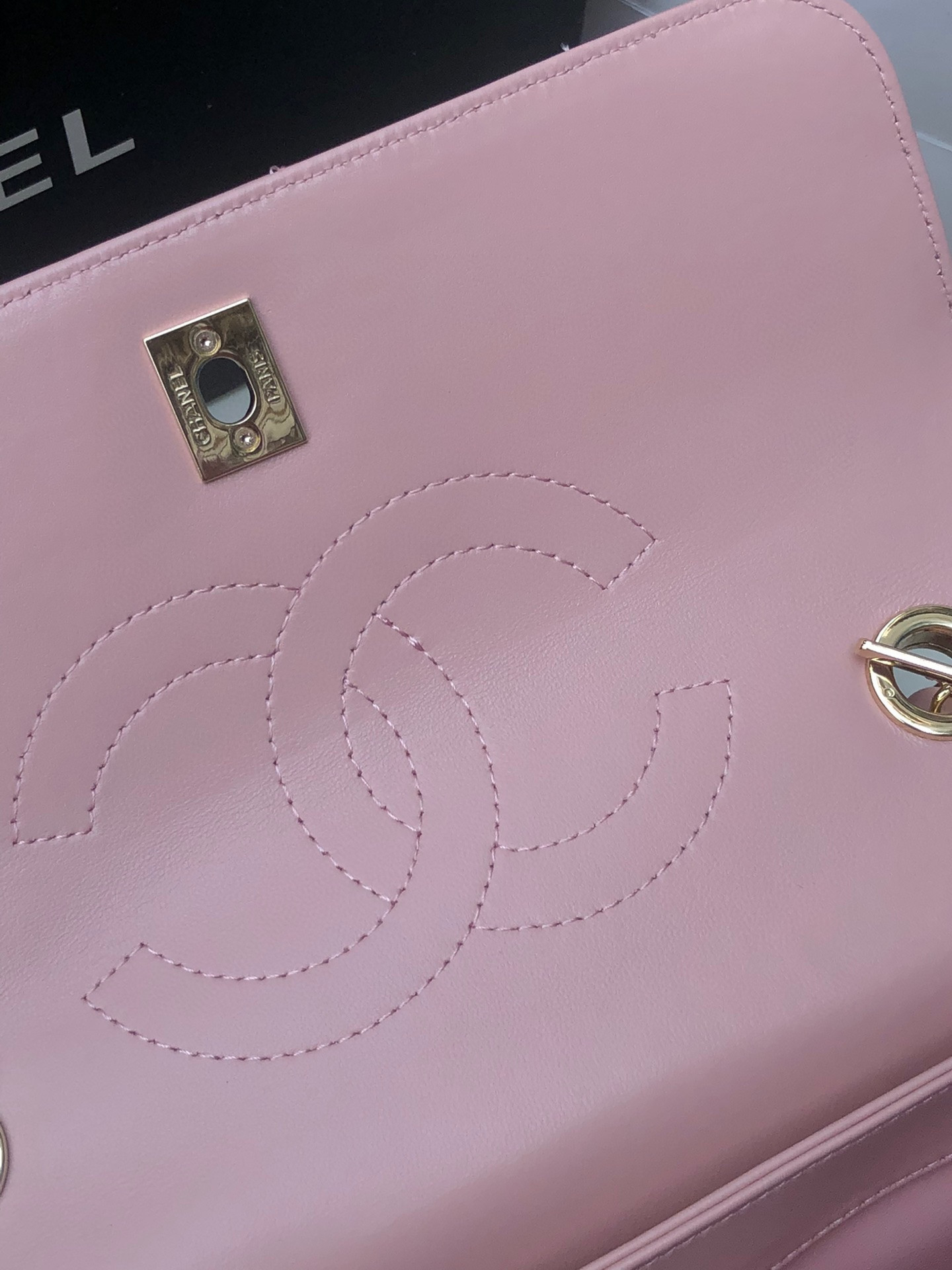 Ch*el flap bag with top handle pink 6.6 × 9.8 × 4.7 in