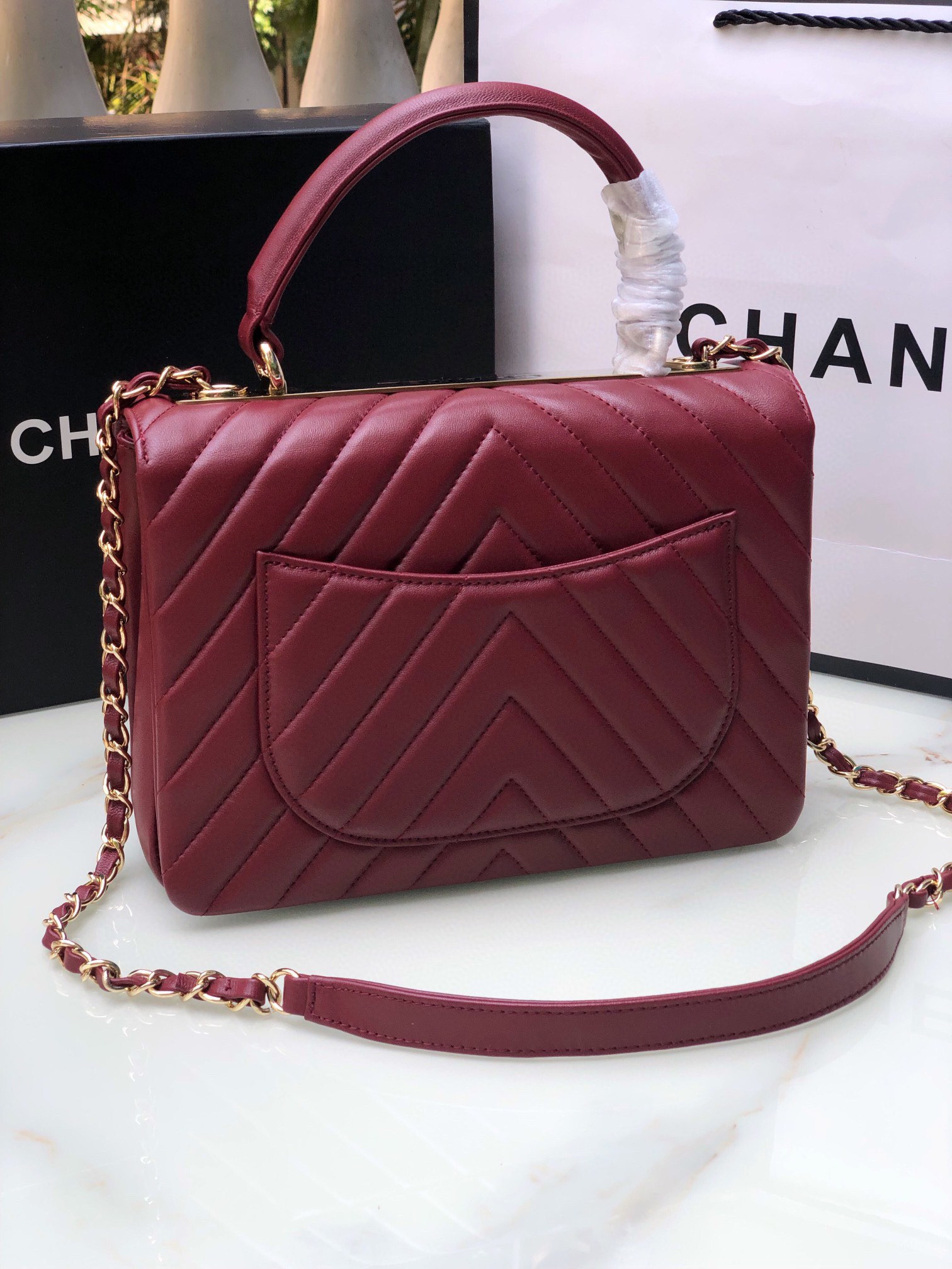 Ch*el flap bag with top handle red 6.6 × 9.8 × 4.7 in