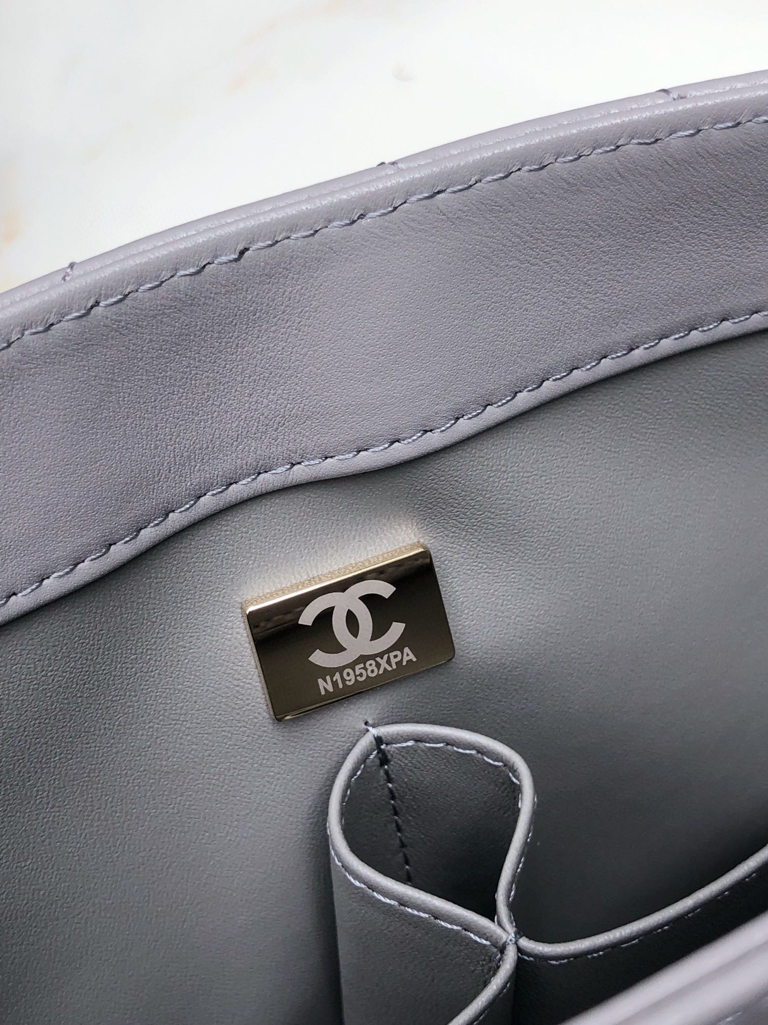 Ch*el flap bag with top handle gray 6.6 × 9.8 × 4.7 in