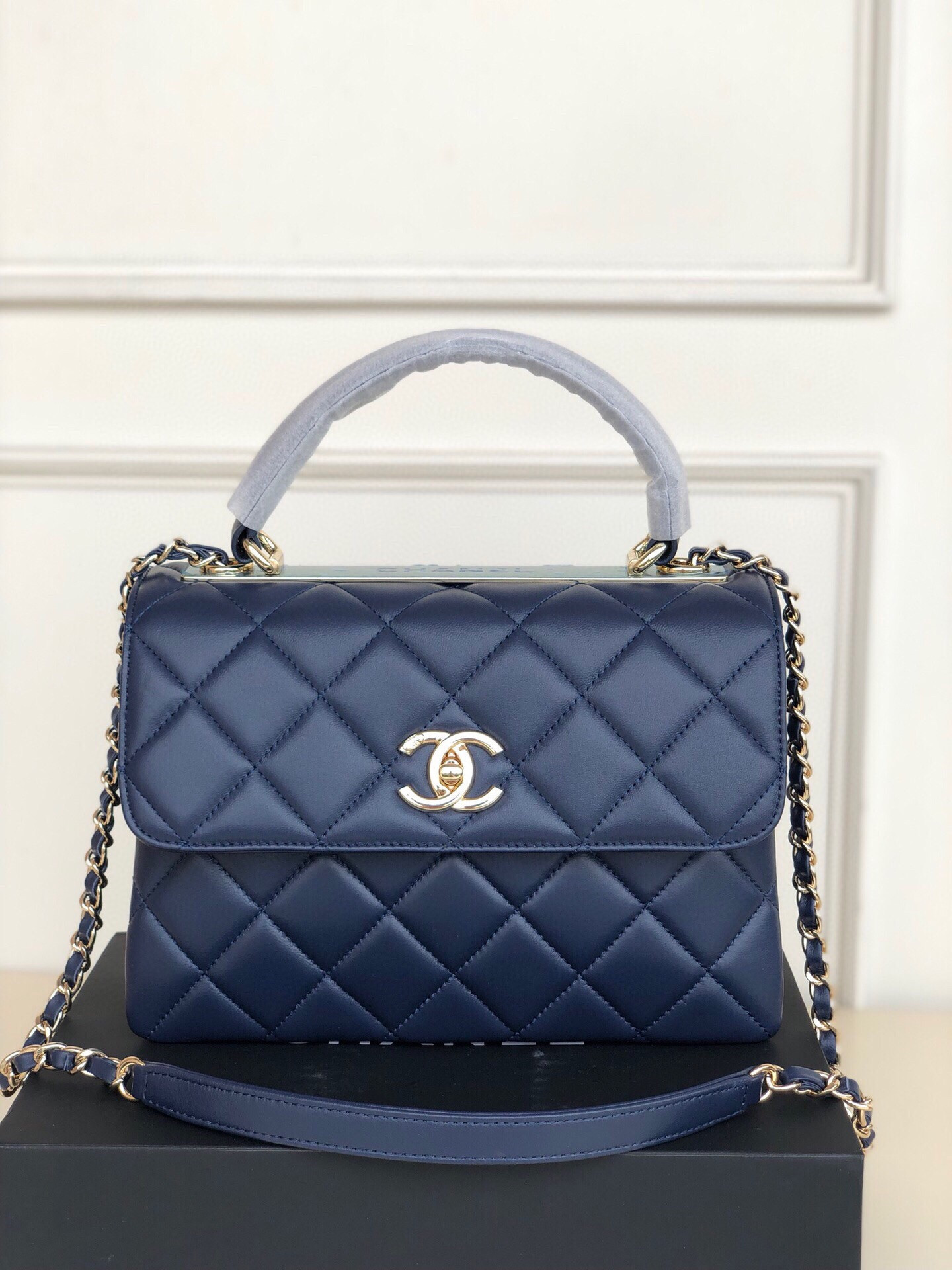 Ch*el flap bag with top handle 6.6 × 9.8 × 4.7 in