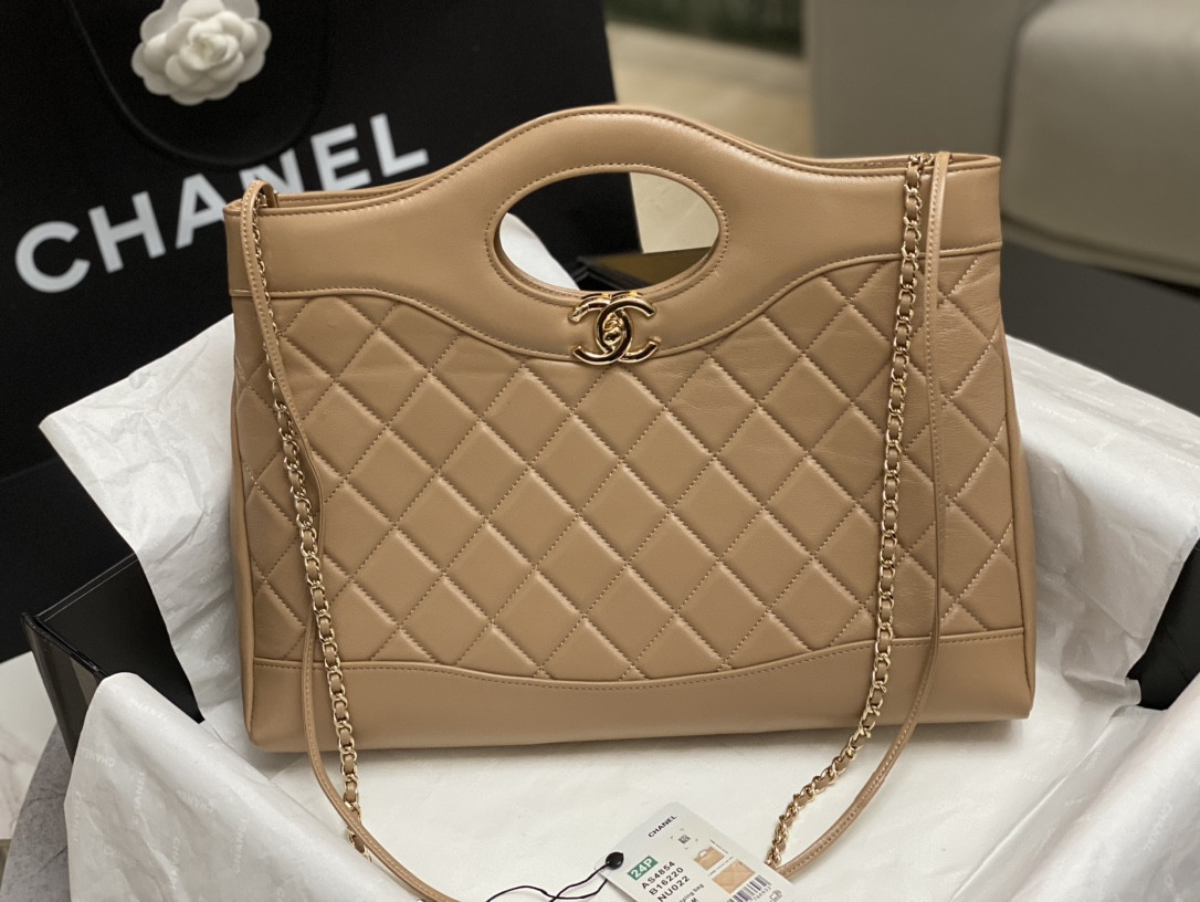 Ch*el shopping bag shiny lambskin & gold-tone metal 11.7 × 14 × 3.5 in