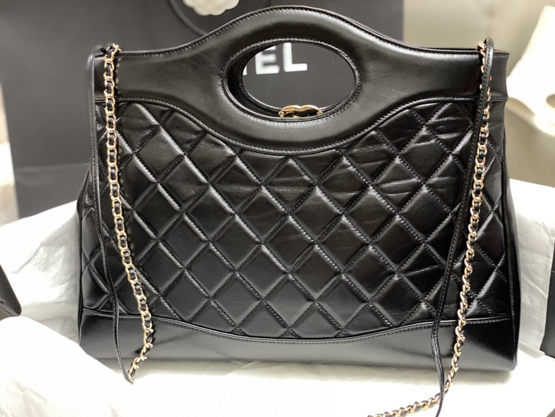 Ch*el  shopping bag shiny lambskin & gold-tone metal black 35x39x8cm