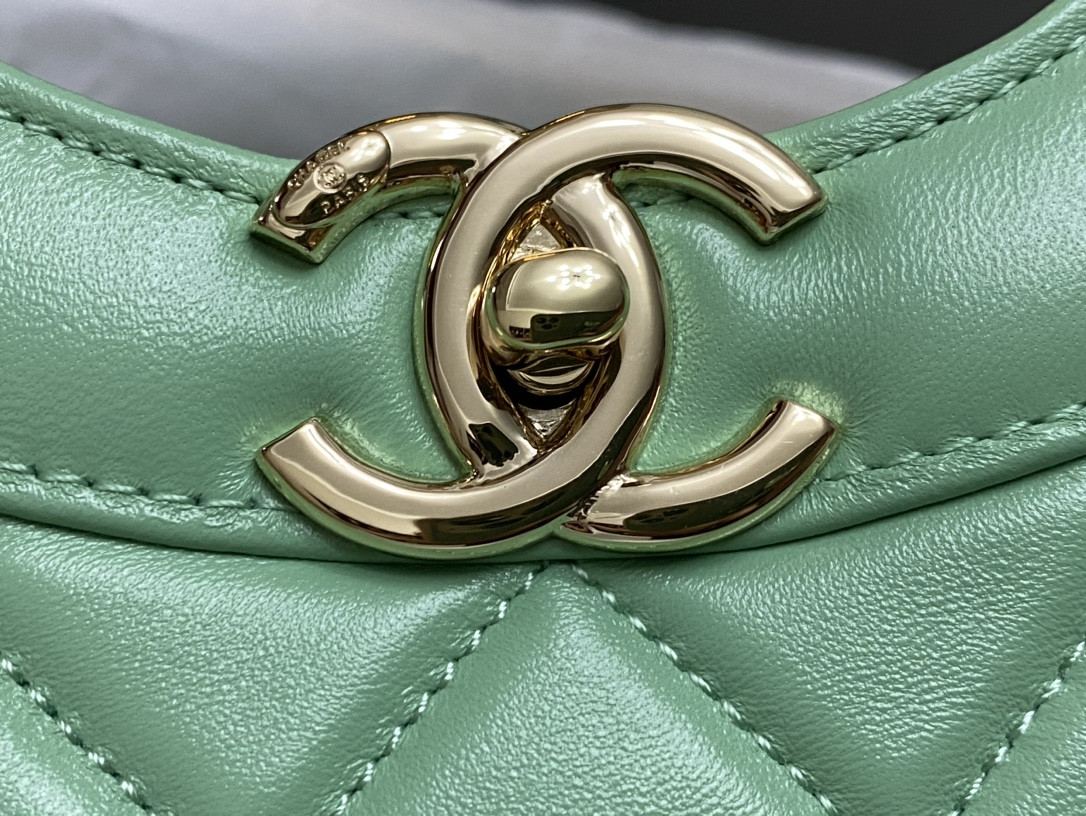 Ch*el shopping bag shiny lambskin & gold-tone metal light green 11.7 × 11.3 × 3.5 in