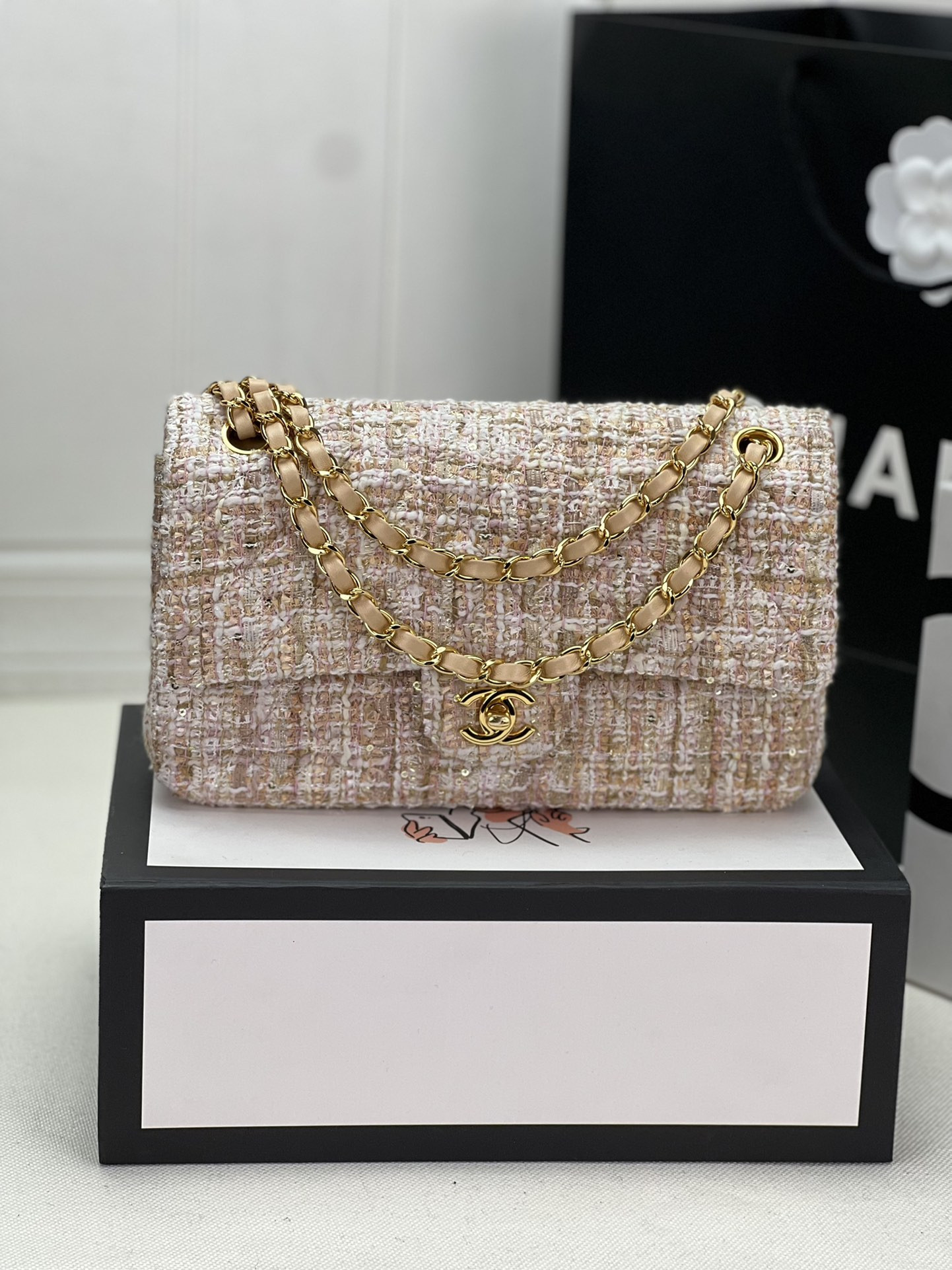 Ch*el classic 11.12 handbag tweed & gold-tone metal   6 × 9.9 × 2.5 in