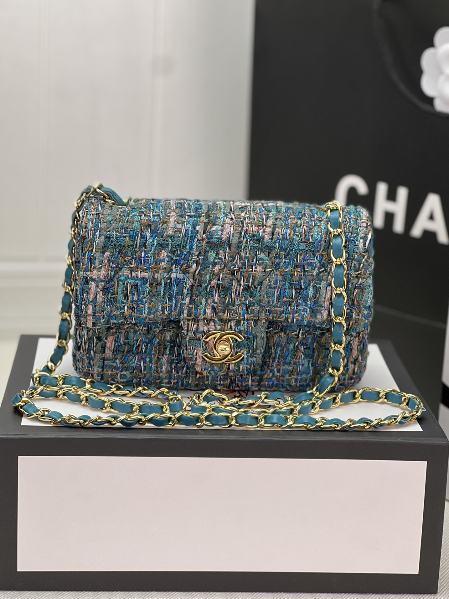 Ch*el mini classic 11.12 handbag tweed & gold-tone metal 4.7 × 7.8 × 2.3 in