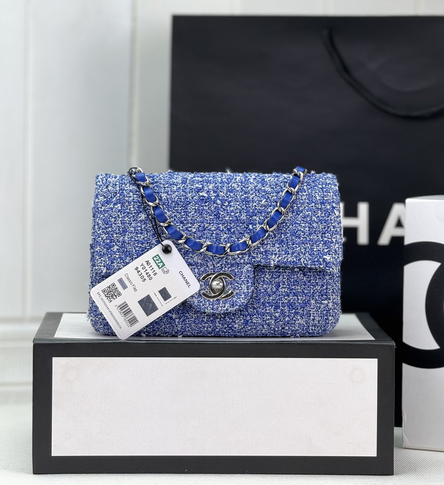Ch*el mini classic 11.12 handbag  tweed & silver-tone metal 4.7 × 7.8 × 2.3 in
