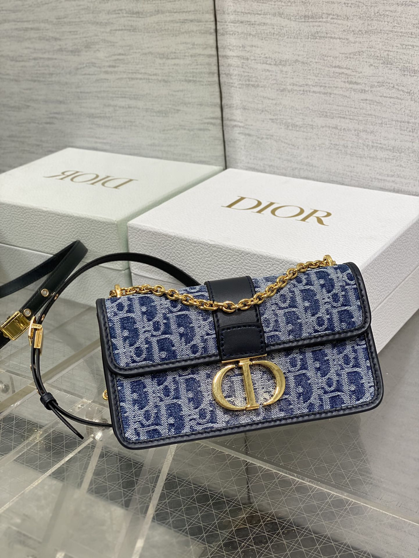 D*or 30 montaigne east-west bag with chain blue denim D*or oblique jacquard 21 x 12 x 6 cm