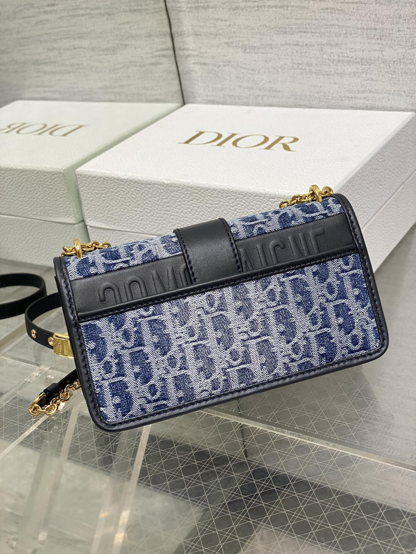 D*or 30 montaigne east-west bag with chain blue denim D*or oblique jacquard 21 x 12 x 6 cm