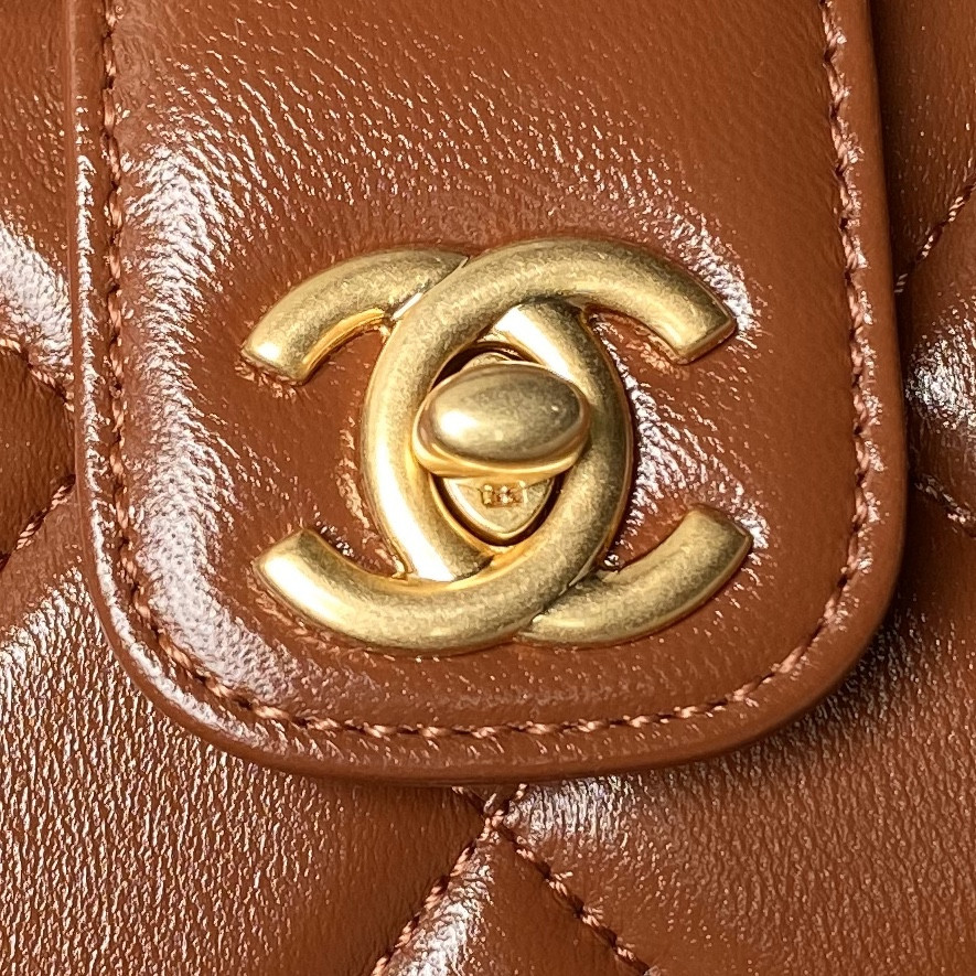 Ch*el mini bag with top handle shiny lambskin & gold-tone metal brown 12 × 18 × 7 cm