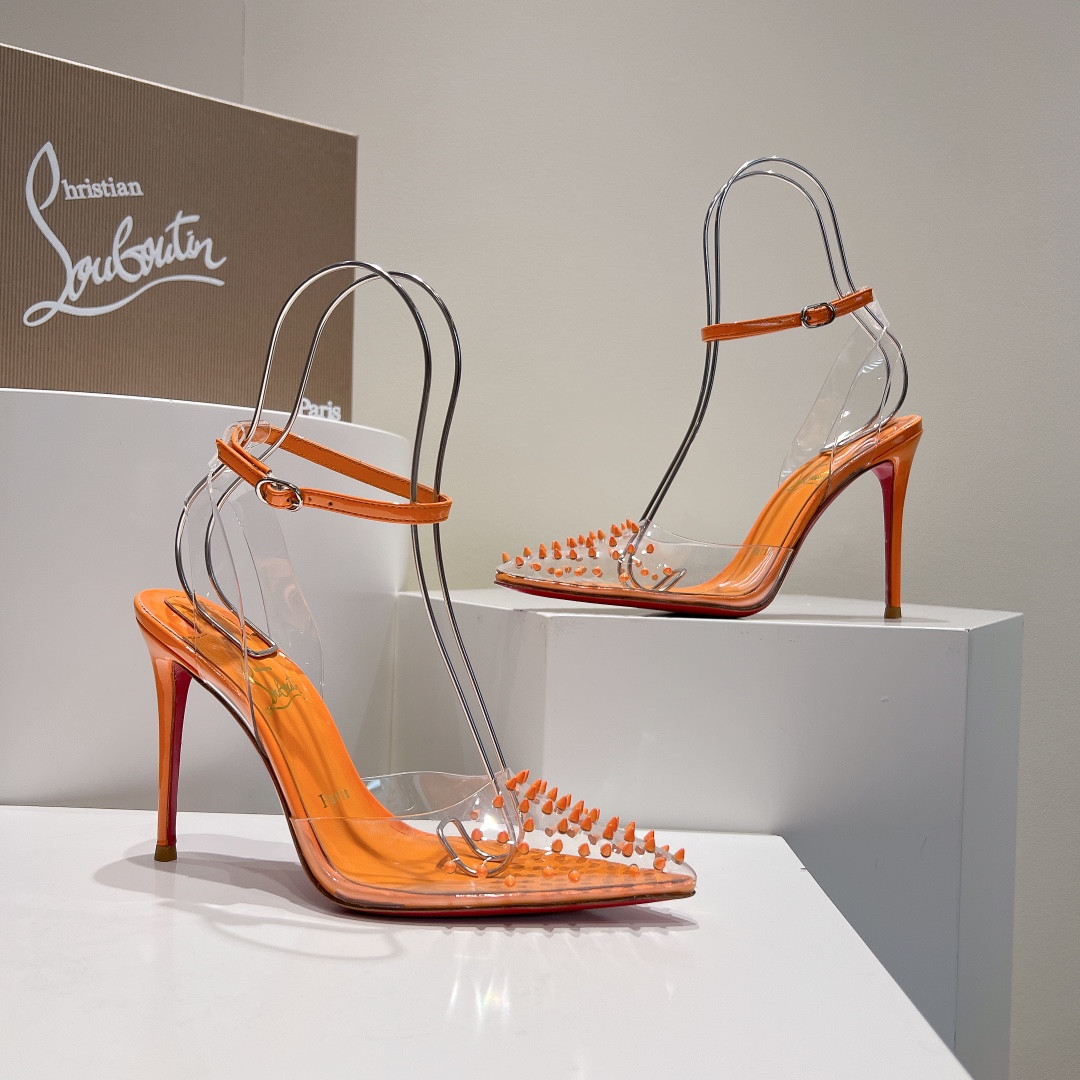 ua Ch**an louboutin cl pointed toe high-heeled transparent studded sandals