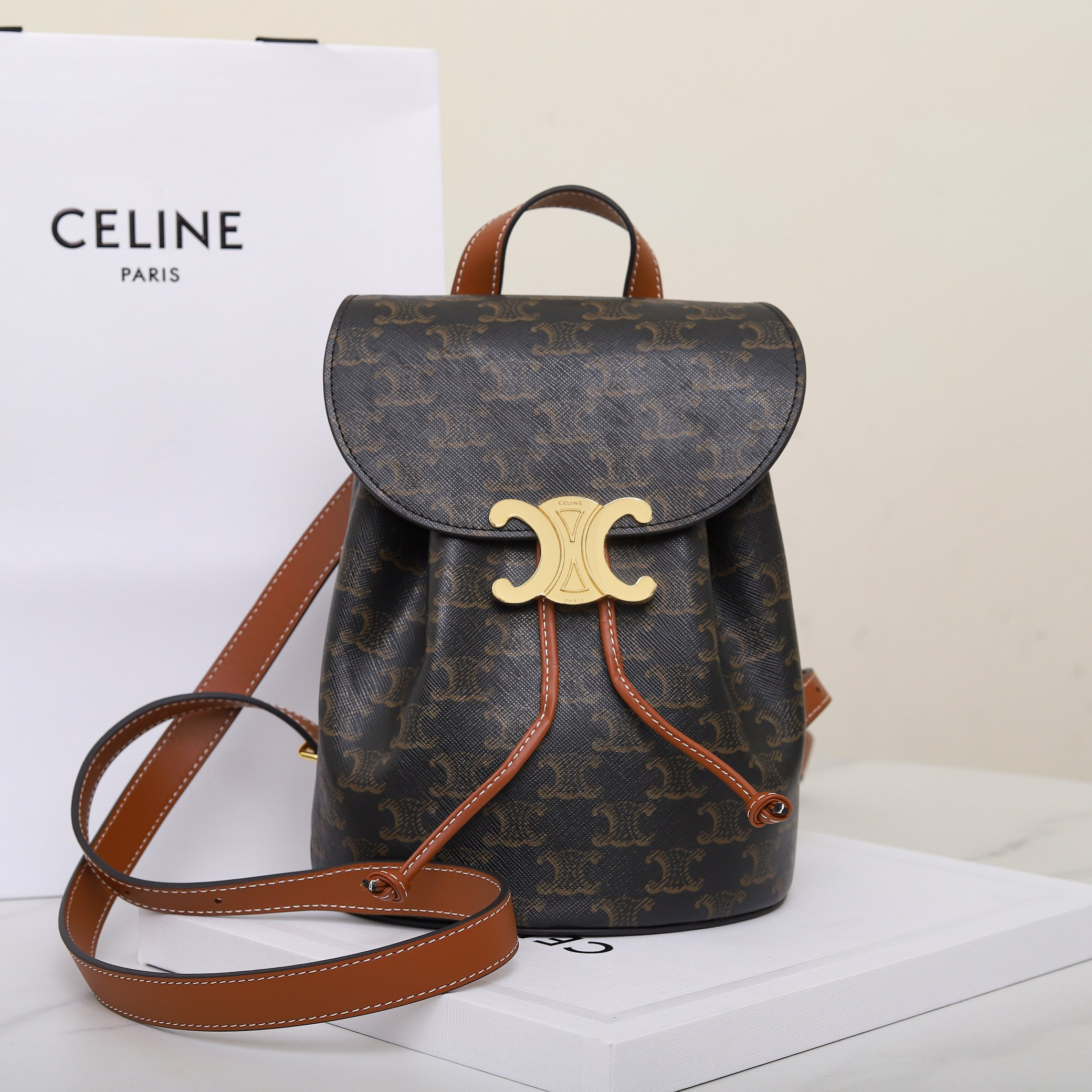Ce**e bonnie backpack in triomphe canvas and calfskin 118702 25x18x13cm