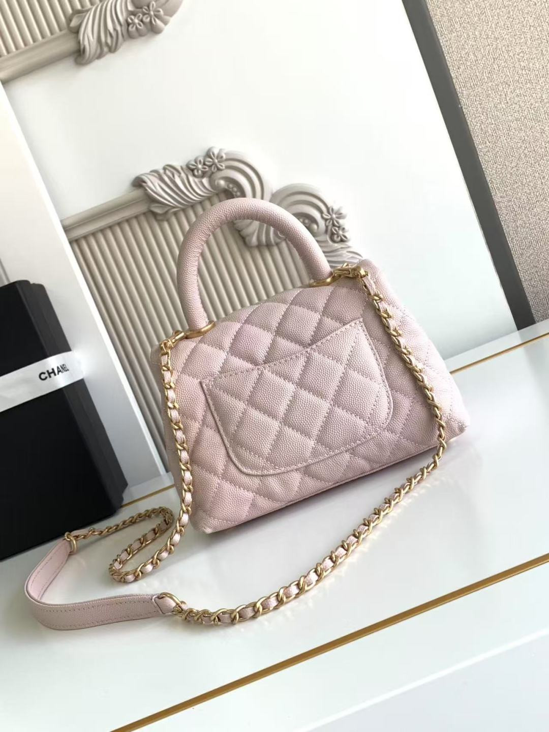 Ch*el mini flap bag with top handle grained calfskin & gold-tone metal as2215 13x19x9cm