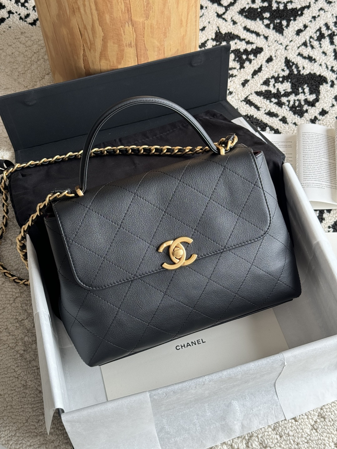 Ch*el large flap bag with top handle calfskin 20.5x28x9.5cm